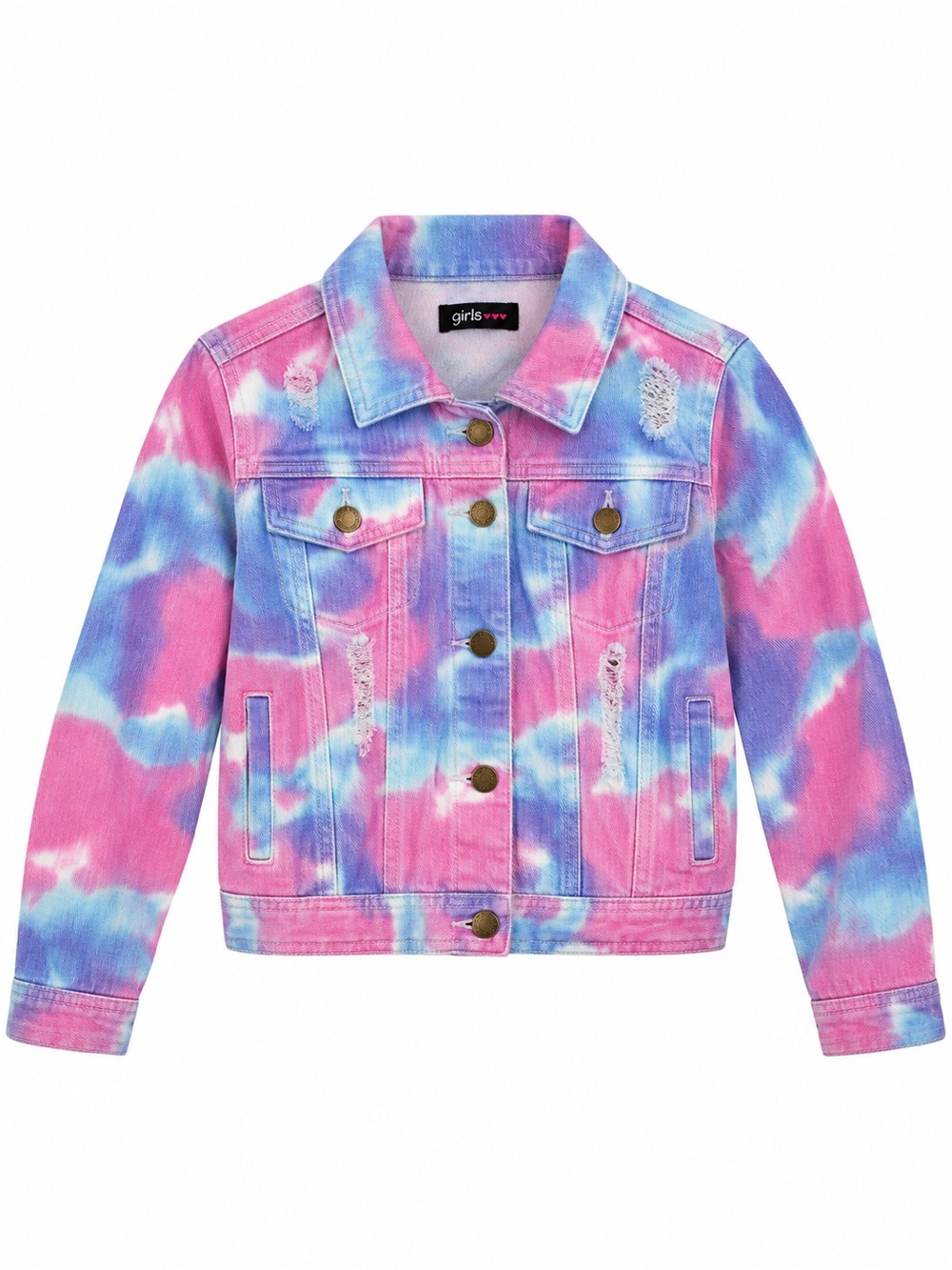 Girls Three Hearts Tie Dye Distressed Denim Jacket Size 10 12